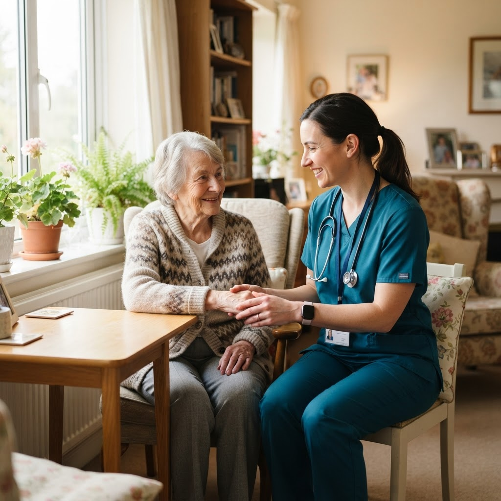 A compassionate nurse in teal scrubs caring for an elderly patient at home